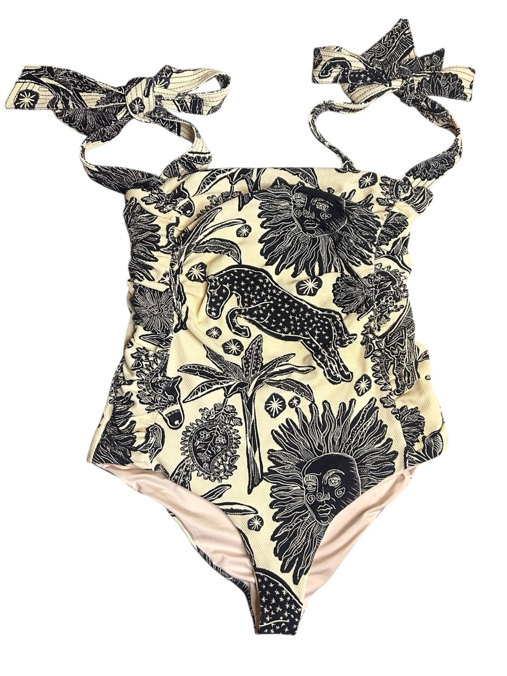 Johanna Ortiz black and cream ruched swimsuit size large NWOT